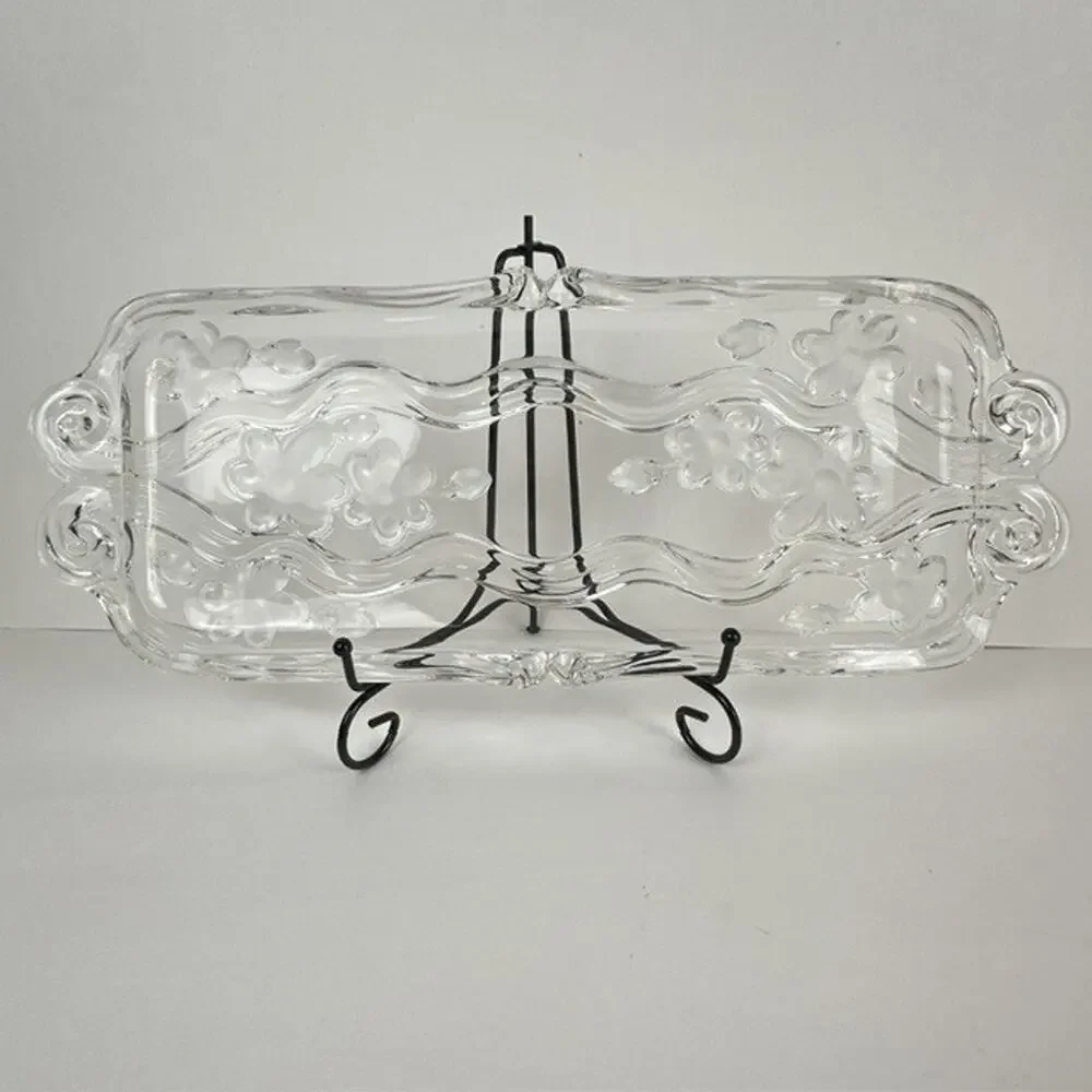 Celento Collection Fine Crystal Rectangle Serving Cake Tray Germany Floral Flowe